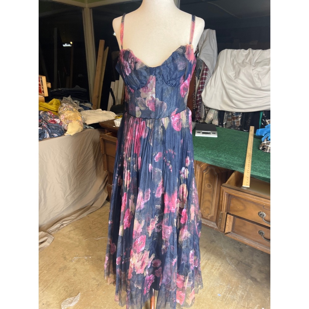 Lulus Navy Pink Floral Mesh Bustier Pleated Midi Dress Womens Size M
